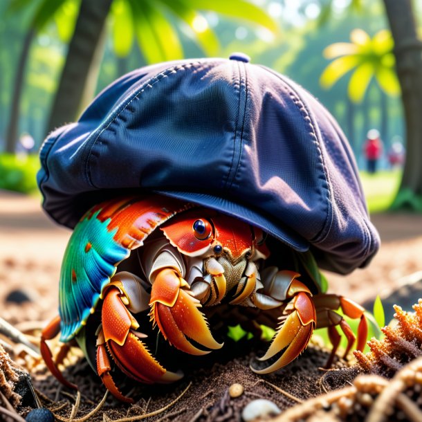 Image of a hermit crab in a cap in the park