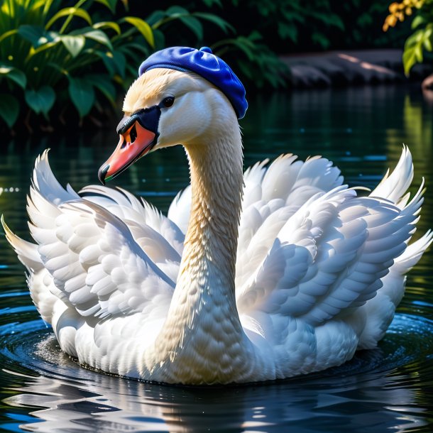 Pic of a swan in a blue cap