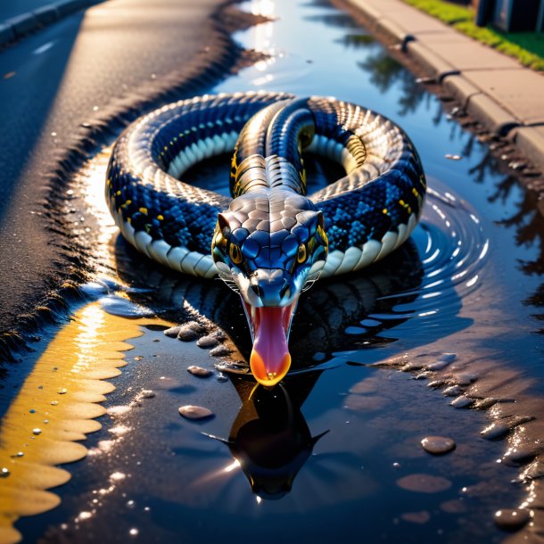 Foto de una cobra en un jeans en el charco