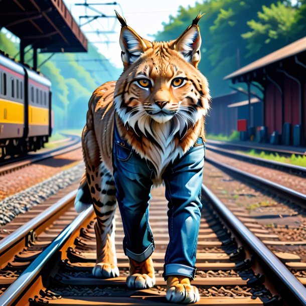 Desenho de um lince em um jeans nos trilhos ferroviários