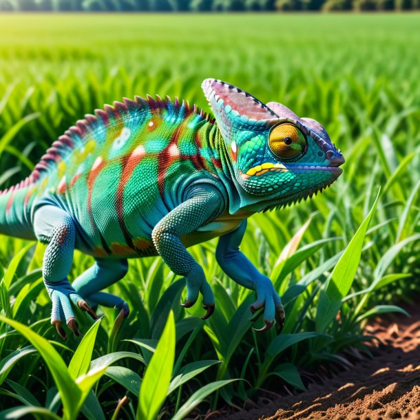 Foto de um salto de um camaleão no campo