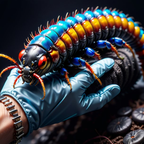 Picture of a centipede in a gray gloves