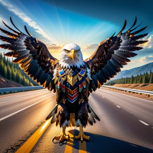 Image of a eagle in a vest on the highway