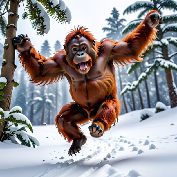 Foto de un salto de un orangután en la nieve