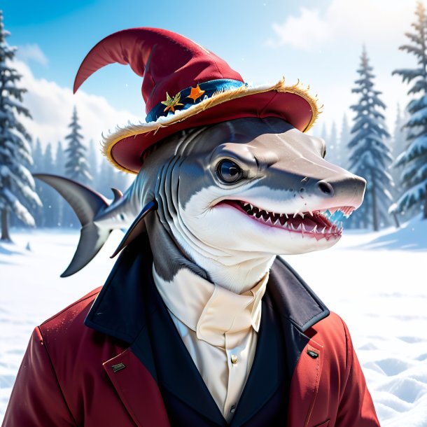 Image of a hammerhead shark in a hat in the snow