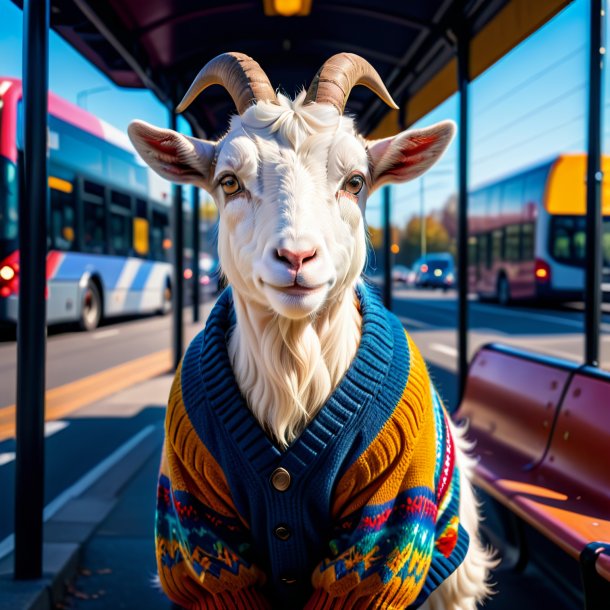 Foto de uma cabra em um suéter no ponto de ônibus