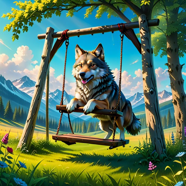 Picture of a swinging on a swing of a wolf in the meadow