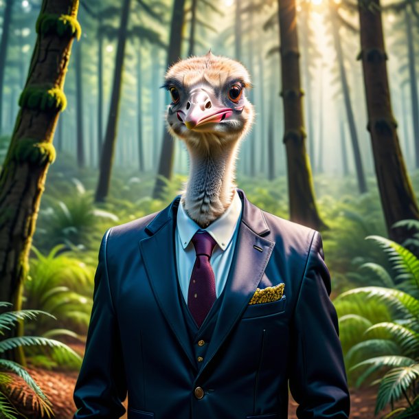 Photo of a ostrich in a jacket in the forest