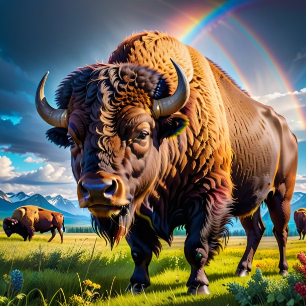 Imagen de un comer de un bisonte en el arco iris