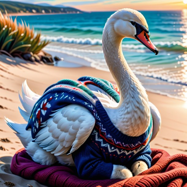 Dibujo de un cisne en un suéter en la playa