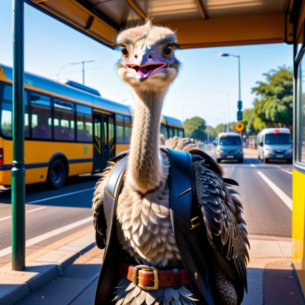 Image of a ostrich in a belt on the bus stop