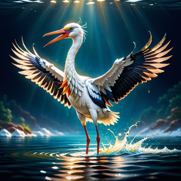 Illustration d'une cigogne dans un gilet dans l'eau