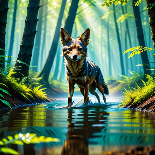 Picture of a swimming of a jackal in the forest