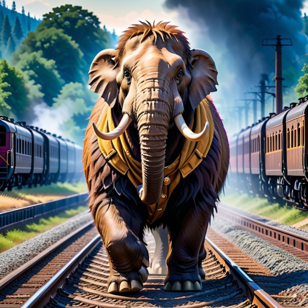 Image of a mammoth in a vest on the railway tracks