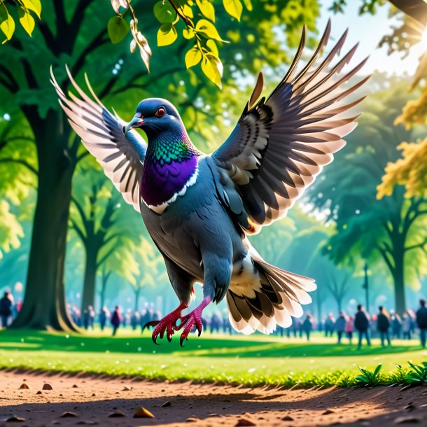 Foto de un salto de una paloma en el parque