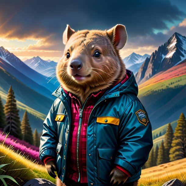 Desenho de um wombat em uma jaqueta nas montanhas