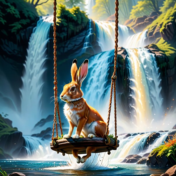 Photo of a swinging on a swing of a hare in the waterfall