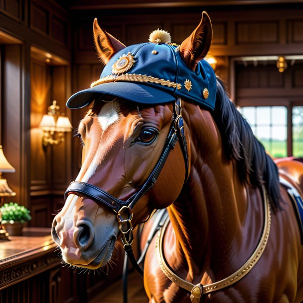 Picture of a horse in a cap in the house