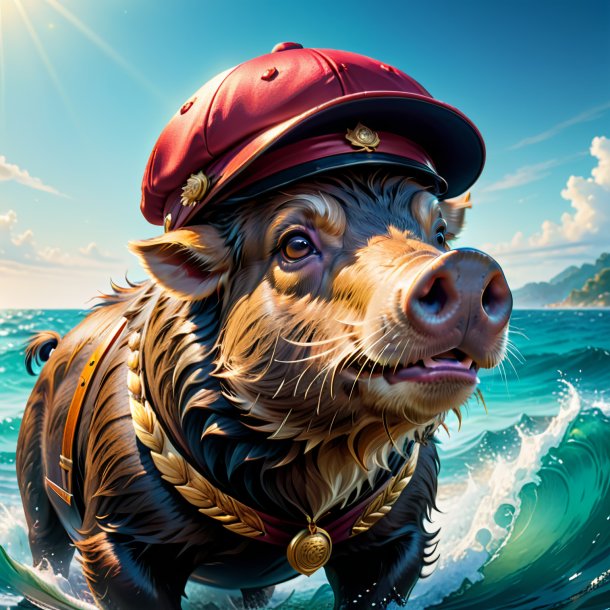 Illustration of a boar in a cap in the sea