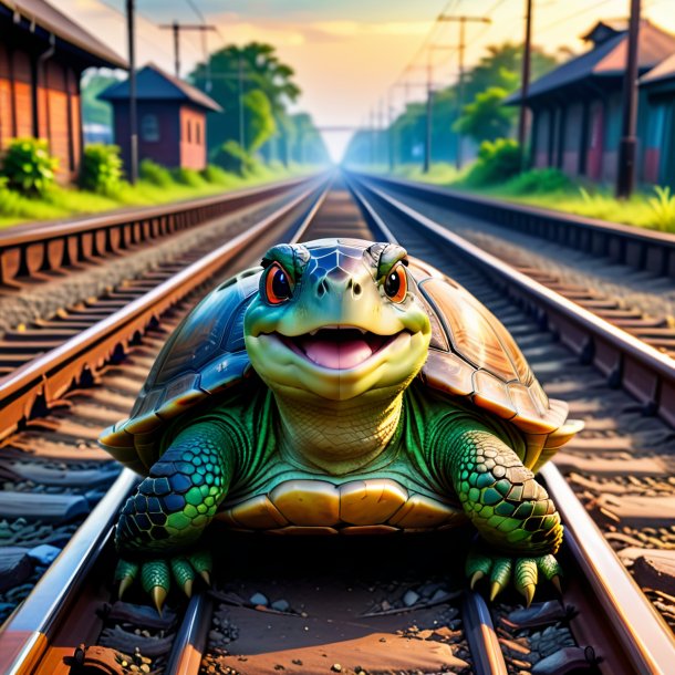 Picture of a smiling of a turtle on the railway tracks