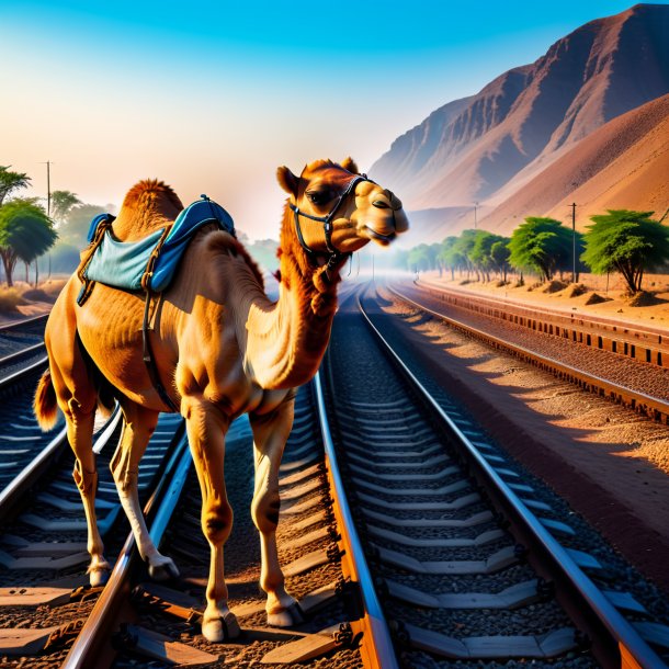 Foto de una espera de un camello en las vías del tren