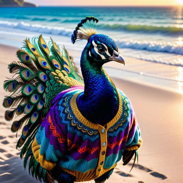 Image of a peacock in a sweater on the beach