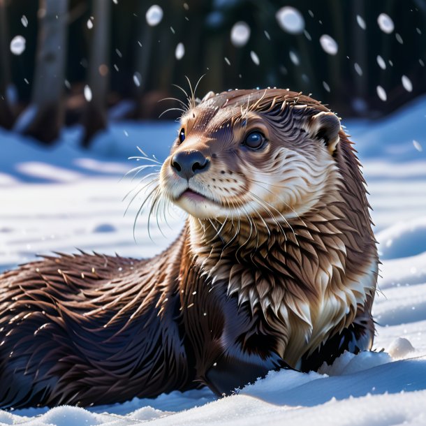 Natação de uma lontra na neve