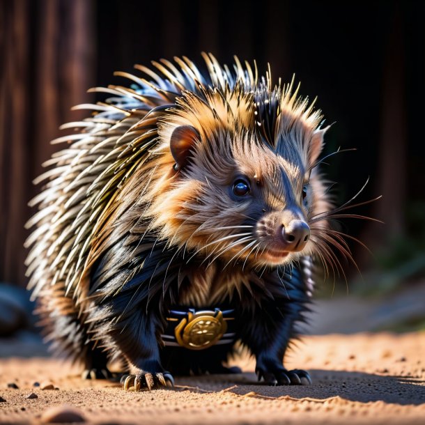 Pic of a porcupine in a black belt