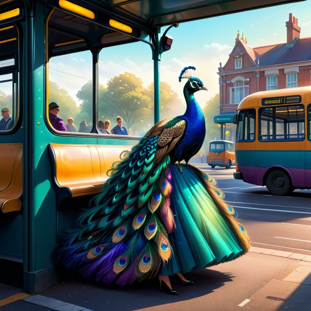 Ilustração de um pavão em um vestido no ponto de ônibus