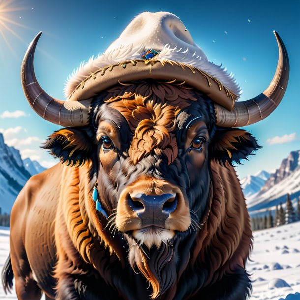 Picture of a buffalo in a hat in the snow