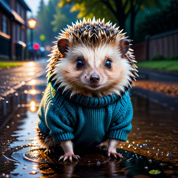 Photo of a hedgehog in a sweater in the puddle