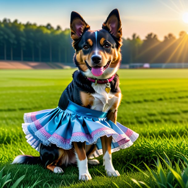 Foto de um cão em uma saia no campo