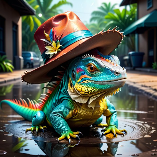 Illustration of a iguana in a hat in the puddle