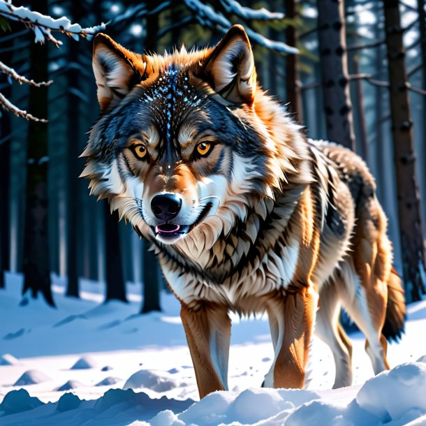 Uma foto de um lobo furioso na neve