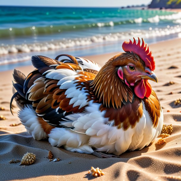 Image of a sleeping of a hen on the beach