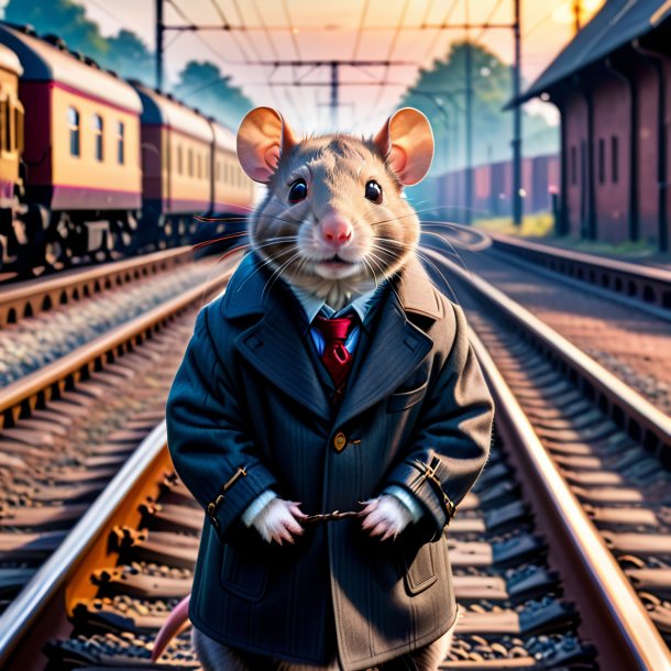 Pic of a rat in a coat on the railway tracks