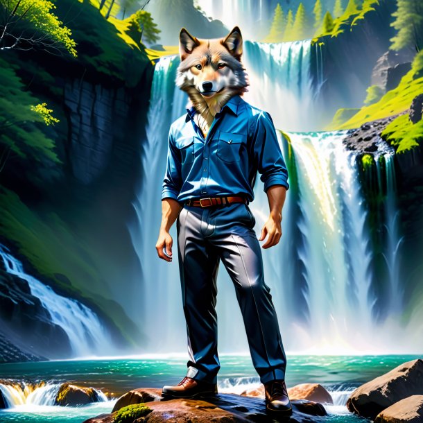 Pic of a wolf in a trousers in the waterfall