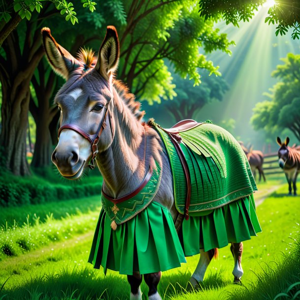 Photo of a donkey in a green skirt