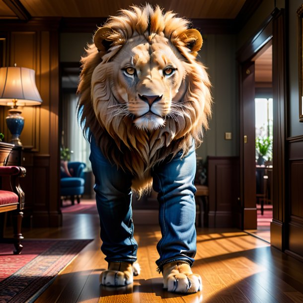 Photo of a lion in a jeans in the house