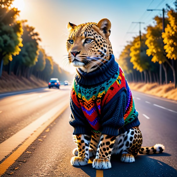 Um leopardo em um suéter na estrada