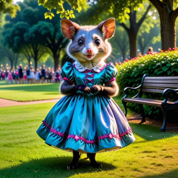 Photo of a possum in a dress in the park