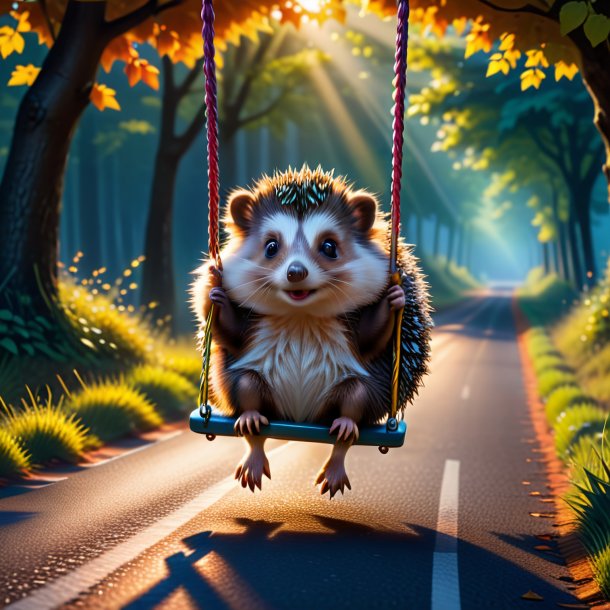 Pic of a swinging on a swing of a hedgehog on the road