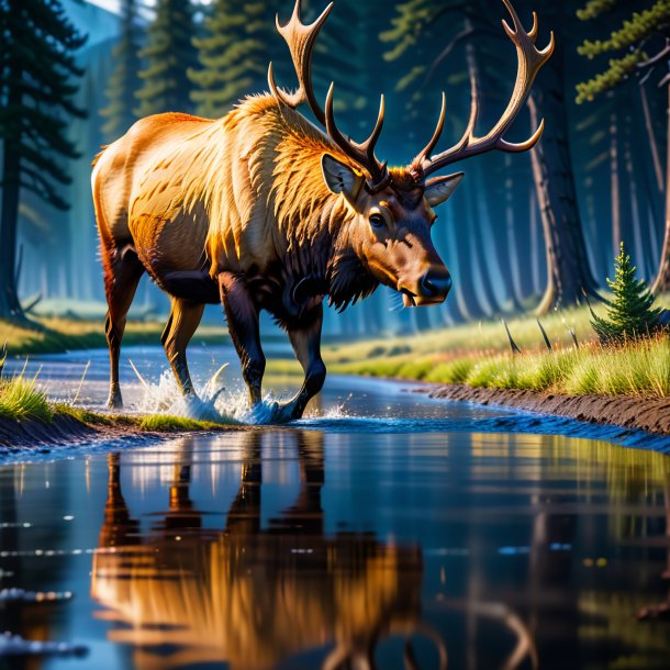 Image of a threatening of a elk in the puddle