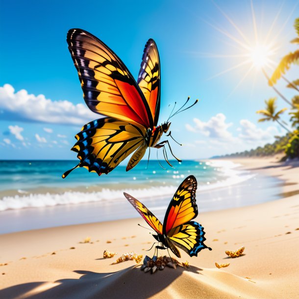 Picture of a jumping of a butterfly on the beach