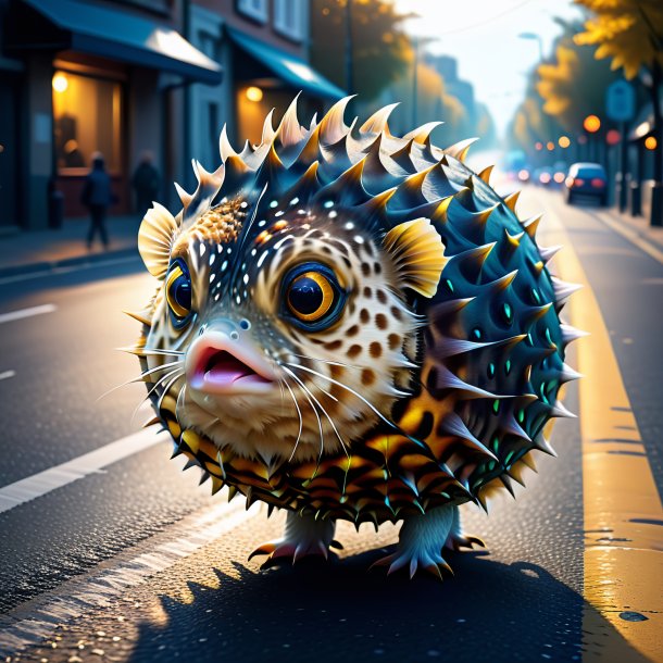 Drawing of a pufferfish in a coat on the road