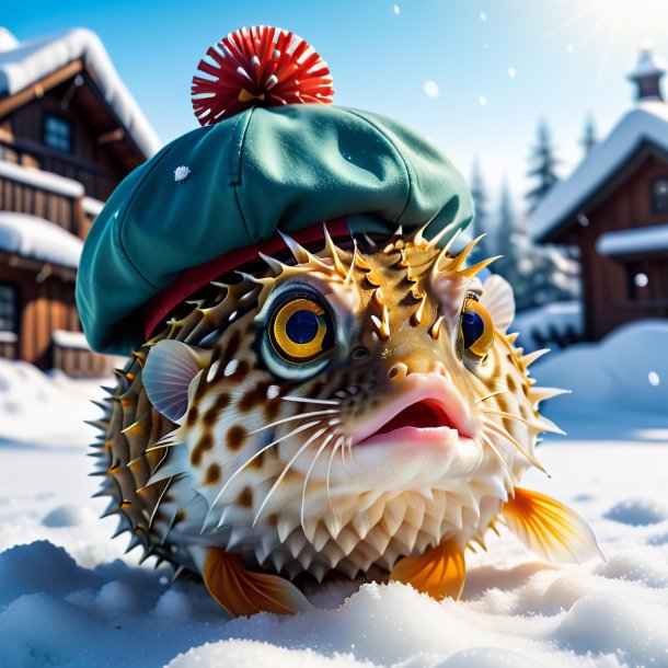 Picture of a pufferfish in a cap in the snow