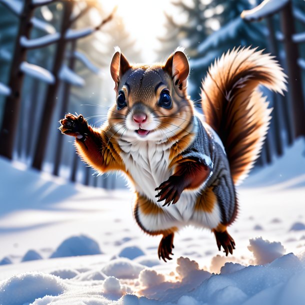 Photo d'un écureuil volant dans un gants dans la neige