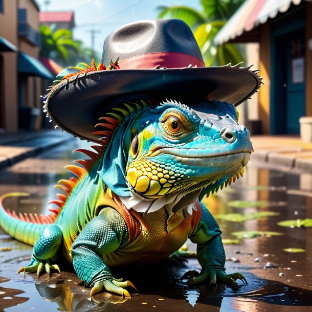 Imagem de uma iguana em um chapéu na poça