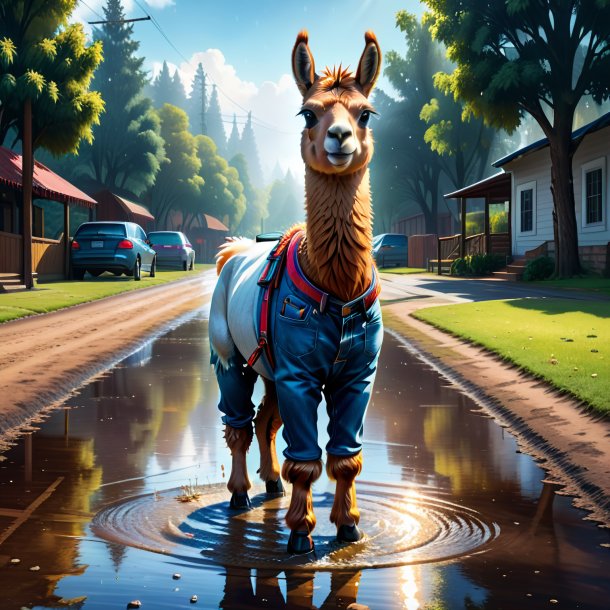 Illustration of a llama in a jeans in the puddle