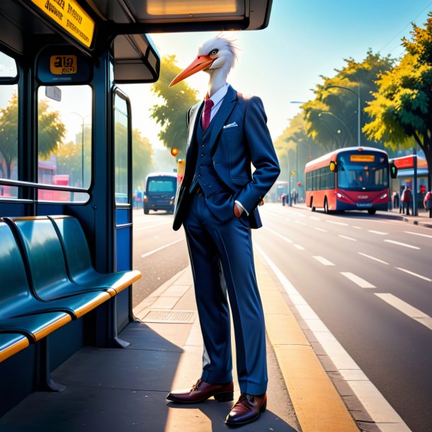 Pic d'une cigogne dans un pantalon sur l'arrêt de bus